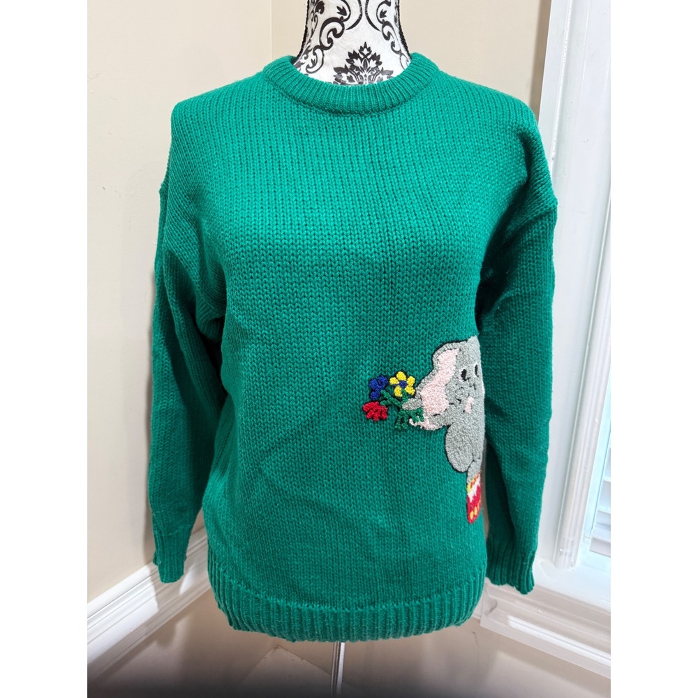 Vintage HOT Green Knit Elephant Sweater Womens Medium Circuscore Animal Novelty